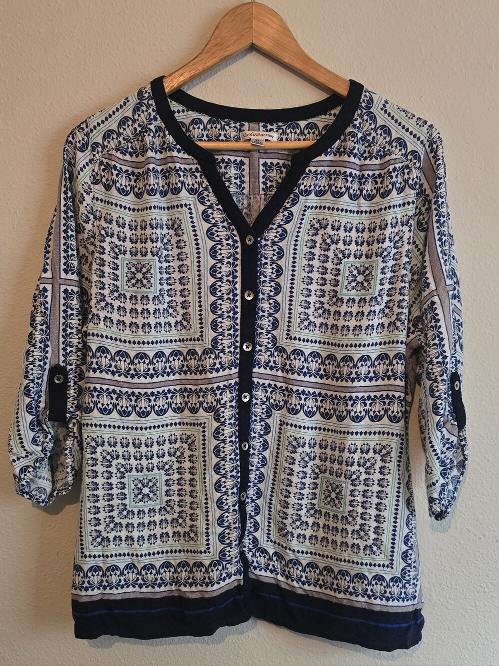 Croft & Barrow Navy and White Printed Button-Front Blouse